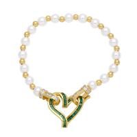 Cubic Zirconia Micro Pave Brass Bracelet, with Plastic Pearl, Heart, Vacuum Ion Plating, micro pave cubic zirconia cm 