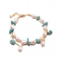 Turquoise Pearl Bracelets, Freshwater Pearl, with turquoise & Brass, 18K gold plated, fashion jewelry & for woman, 60mm 