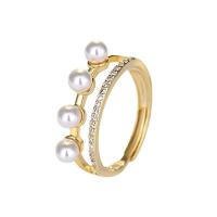 Cubic Zirconia Micro Pave Brass Finger Ring, with Plastic Pearl, 14K gold plated, fashion jewelry & micro pave cubic zirconia & for woman 17mm 