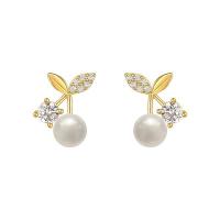 Cubic Zirconia Micro Pave Brass Earring, with Plastic Pearl, 14K gold plated, fashion jewelry & micro pave cubic zirconia & for woman, golden 