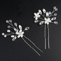 Hair Stick, Zinc Alloy, with Crystal & Plastic Pearl, 2 pieces & for woman & with rhinestone, silver color, 110*50mm,100*60mm 