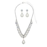 Rhinestone Jewelry Set, earring & necklace, with Plastic Pearl & Brass, silver color plated, for woman, 11cm,3.5cm cm 