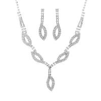 Rhinestone Jewelry Set, earring & necklace, with Brass, silver color plated, for woman, 12cm cm 