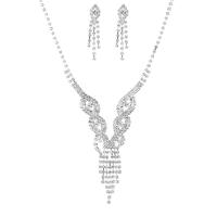 Rhinestone Jewelry Set, earring & necklace, with Brass, silver color plated, for woman, 11cm cm 