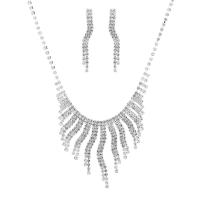 Rhinestone Jewelry Set, earring & necklace, with Brass, silver color plated, for woman, 8.7cm cm 