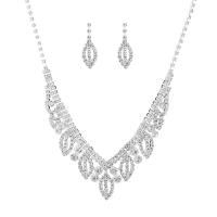 Rhinestone Jewelry Set, earring & necklace, with Brass, silver color plated, for woman, 9cm cm 