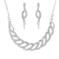 Rhinestone Jewelry Set, earring & necklace, with Brass, silver color plated, for woman, 19cm cm 