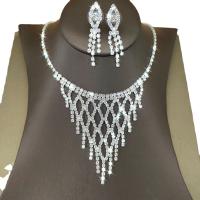 Rhinestone Jewelry Set, earring & necklace, with Brass, with 15cm extender chain, silver color plated, for woman, 9cm .5 cm 