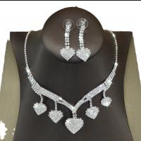Rhinestone Jewelry Set, earring & necklace, with Brass, with 15cm extender chain, Heart, silver color plated, for woman, 2cm,8cm cm 