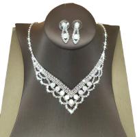 Rhinestone Jewelry Set, earring & necklace, with Plastic Pearl & Brass, with 15cm extender chain, silver color plated, for woman, 8.8cm cm 