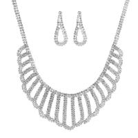 Rhinestone Jewelry Set, earring & necklace, with Brass, with 15cm extender chain, silver color plated, for woman, 9.5cm cm 