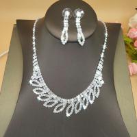 Rhinestone Jewelry Set, earring & necklace, with Brass, with 15cm extender chain, silver color plated, for woman, 7.5cm cm 