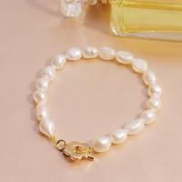 Cultured Freshwater Pearl Brass Bracelet, with Copper Alloy, real gold plated, fashion jewelry & for woman, white, 7-8mm Approx 6.69 Inch [