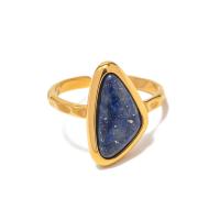 Gemstone Stainless Steel Finger Ring, 304 Stainless Steel, with Lapis Lazuli, 18K gold plated, fashion jewelry & for woman, golden 