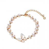 Cultured Freshwater Pearl Brass Bracelet, with Pearl Oyster & Brass, with 1.57inch extender chain, real gold plated, fashion jewelry & for woman, white, 6-7mm Approx 6.3 Inch 