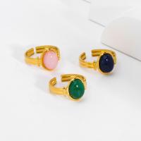 Gemstone Stainless Steel Finger Ring, 304 Stainless Steel, with Natural Stone, Oval, 18K gold plated, adjustable & for woman 