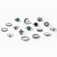 Zinc Alloy Ring Set, with Opal & turquoise, silver color plated, 16 pieces & fashion jewelry & for woman & enamel, two different colored 