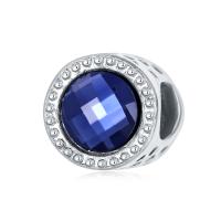 Perles European en alliage de zinc, avec verre, Plat rond, Placage de couleur argentée, DIY, bleu, 9mm, Vendu par PC[