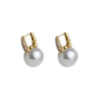 Cubic Zircon Brass Earring, with Plastic Pearl, Round, plated, fashion jewelry & micro pave cubic zirconia & for woman 25mm 