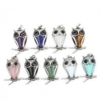 Gemstone Brass Pendants, Natural Stone, with Brass, Owl, antique silver color plated, DIY & with rhinestone 