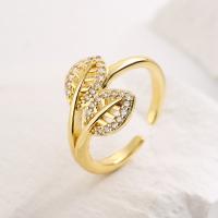 Cubic Zirconia Micro Pave Brass Finger Ring, Leaf, plated, fashion jewelry & micro pave cubic zirconia, golden, inner .7 ~1.9cm 