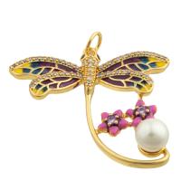 Cubic Zirconia Micro Pave Brass Pendant, with Plastic Pearl, Dragonfly, gold color plated, fashion jewelry & DIY & micro pave cubic zirconia & enamel, mixed colors 