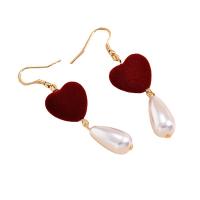 Plastic Pearl Zinc Alloy Earring, with Flocking Fabric & Plastic Pearl, Heart, gold color plated, fashion jewelry & for woman, mixed colors 