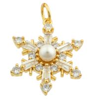Cubic Zirconia Micro Pave Brass Pendant, with Plastic Pearl, Snowflake, gold color plated, fashion jewelry & DIY & with rhinestone 