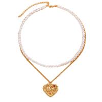 Zinc Alloy Necklace, with Plastic Pearl, Heart, gold color plated, Double Layer & fashion jewelry & for woman & hollow Approx 40-52 cm 