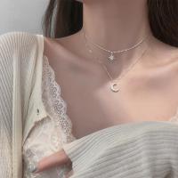 Fashion Multi Layer Necklace, Zinc Alloy, Moon and Star, plated, Double Layer & fashion jewelry, silver color Approx 17 Inch 