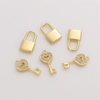Cubic Zirconia Micro Pave Brass Pendant, Lock and Key, plated, DIY  & micro pave cubic zirconia, golden 