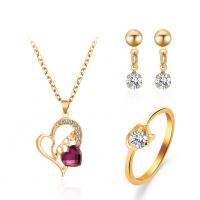 Cubic Zirconia Zinc Alloy Jewelry Sets, Stud Earring & finger ring & necklace, gold color plated, three pieces & fashion jewelry & micro pave cubic zirconia & for woman, 15mm,20mm Approx 18.9 Inch [