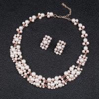 Rhinestone Zinc Alloy Jewelry Set, Stud Earring & necklace, with Plastic Pearl, with 1.97inch extender chain, rose gold color plated, 2 pieces & fashion jewelry & for woman & with rhinestone Approx 16.54 Inch 