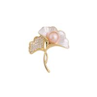 Freshwater Pearl Brooch, Brass, with Freshwater Pearl, Ginkgo Leaf, gold color plated, fashion jewelry & micro pave cubic zirconia & for woman, mixed colors [