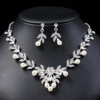 Rhinestone Zinc Alloy Jewelry Set, Stud Earring & necklace, with Plastic Pearl, with 1.97inch extender chain, silver color plated, 2 pieces & fashion jewelry & for woman & with rhinestone Approx 16.93 Inch 
