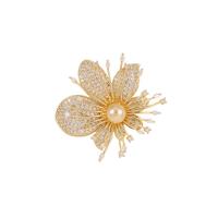 Cubic Zirconia Brooch, Brass, with Plastic Pearl, Flower, gold color plated, fashion jewelry & micro pave cubic zirconia, golden [
