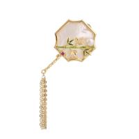 Shell Brooch, Brass, with Pearl Oyster, gold color plated, fashion jewelry & micro pave cubic zirconia, mixed colors [