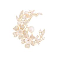 Brass Brooch Finding, with Plastic Pearl, Flower, real gold plated, fashion jewelry & micro pave cubic zirconia & for woman [