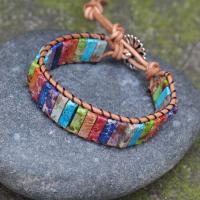 Impression Jasper Bracelet, with leather cord & Zinc Alloy, Rectangle, silver color plated, Adjustable & Unisex, mixed colors Approx 19 cm [