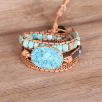 Turquoise Bracelets, Natural Turquoise, with leather cord & Brass & Zinc Alloy, with 2cm extender chain, Oval, gold color plated, Adjustable & multilayer & Unisex, blue Approx 50 cm 