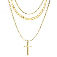Fashion Multi Layer Necklace, 304 Stainless Steel, Cross, three layers & fashion jewelry & Unisex 