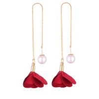 Plastic Pearl Zinc Alloy Earring, with Cloth & Plastic Pearl, Flower, gold color plated, for woman 135mm 