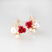 Plastic Pearl Zinc Alloy Earring, with Plastic Pearl, Flower, gold color plated, for woman & with rhinestone 