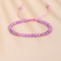 Glass Jewelry Beads Bracelets, Glass Beads, with Knot Cord & 304 Stainless Steel, with 5cm extender chain, Round, Galvanic plating, Adjustable & fashion jewelry & Unisex & faceted, purple, 4mm Approx 14 cm 