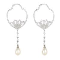 Cubic Zirconia Micro Pave Brass Earring, with Plastic Pearl, platinum plated, fashion jewelry & micro pave cubic zirconia & for woman, silver color 