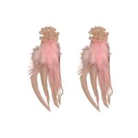 Mode boucle d'oreille plume, laiton, avec plume & cristal, bijoux de mode & pour femme, rose Vendu par paire