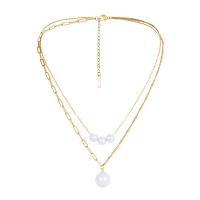 Fashion Multi Layer Necklace, 304 Stainless Steel, with Plastic Pearl, with 2.36inch extender chain, Double Layer & fashion jewelry & for woman, golden Approx 17.32 Inch, Approx 14.96 Inch 