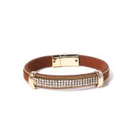 PU Leather Cord Bracelets, Zinc Alloy, with PU Leather & 304 Stainless Steel, 18K gold plated, folk style & for woman & with rhinestone Approx 8.3 Inch [