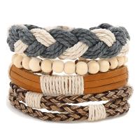 PU Leather Cord Bracelets, with Linen & Cowhide & Wax Cord & Wood, 4 pieces & for man, Inner Approx 60mm Approx 6.7-7 Inch [