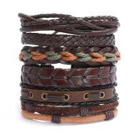 PU Leather Cord Bracelets, with Linen & Cowhide & Wax Cord, 6 pieces & vintage & for man Approx 6.7-7 Inch [